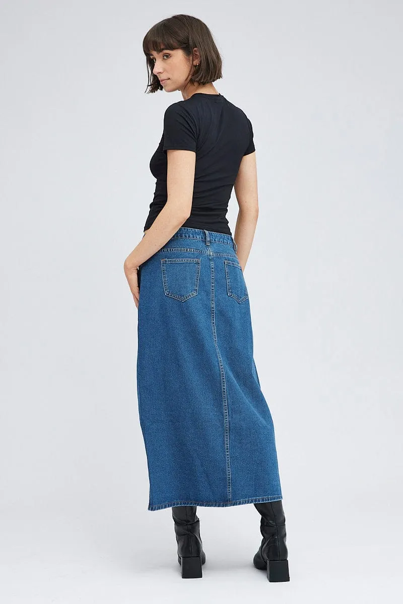 Functional Fashion Classic Touch Denim Maxi Skirt Mid Rise Denim Pencil Slit