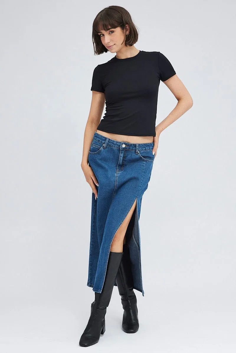 Denim Maxi Skirt Mid Rise Denim Pencil Slit Mall Brand Look Hidden Zipper