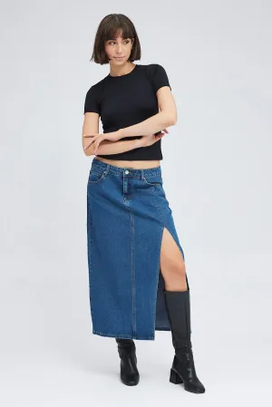 Denim Maxi Skirt Mid Rise Denim Pencil Slit music concert Adjustable Fastening