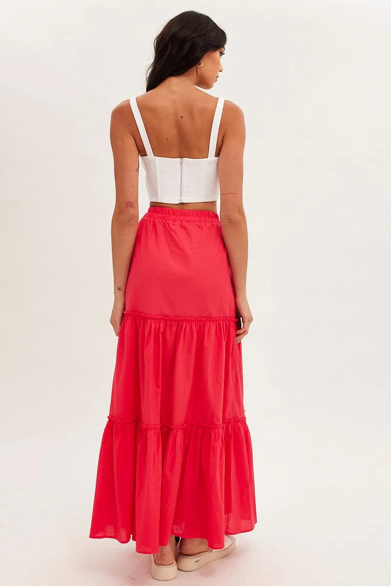 Red Maxi Skirt Tiered Pull On Style