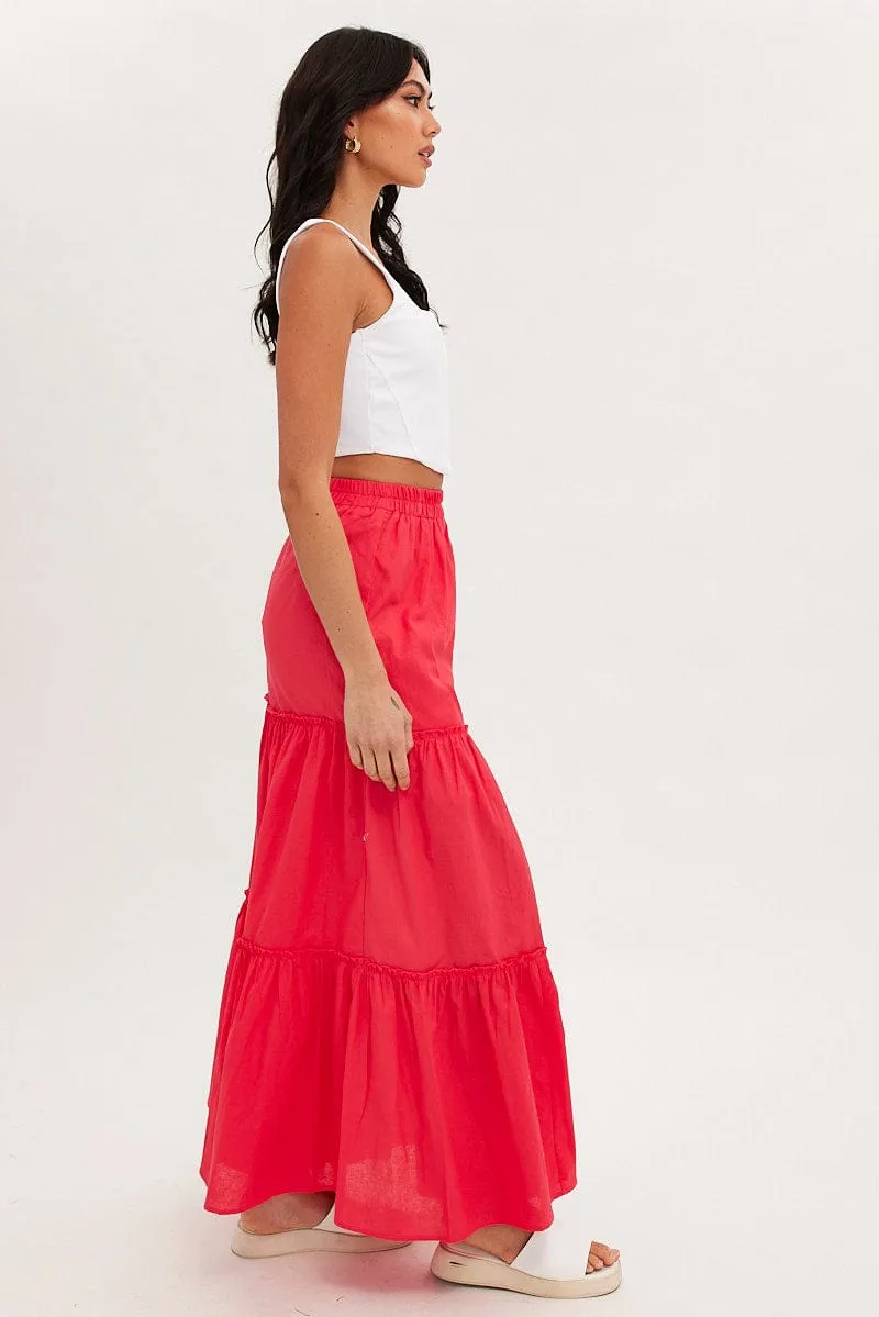Smooth Layer Department Store Style Red Maxi Skirt Tiered