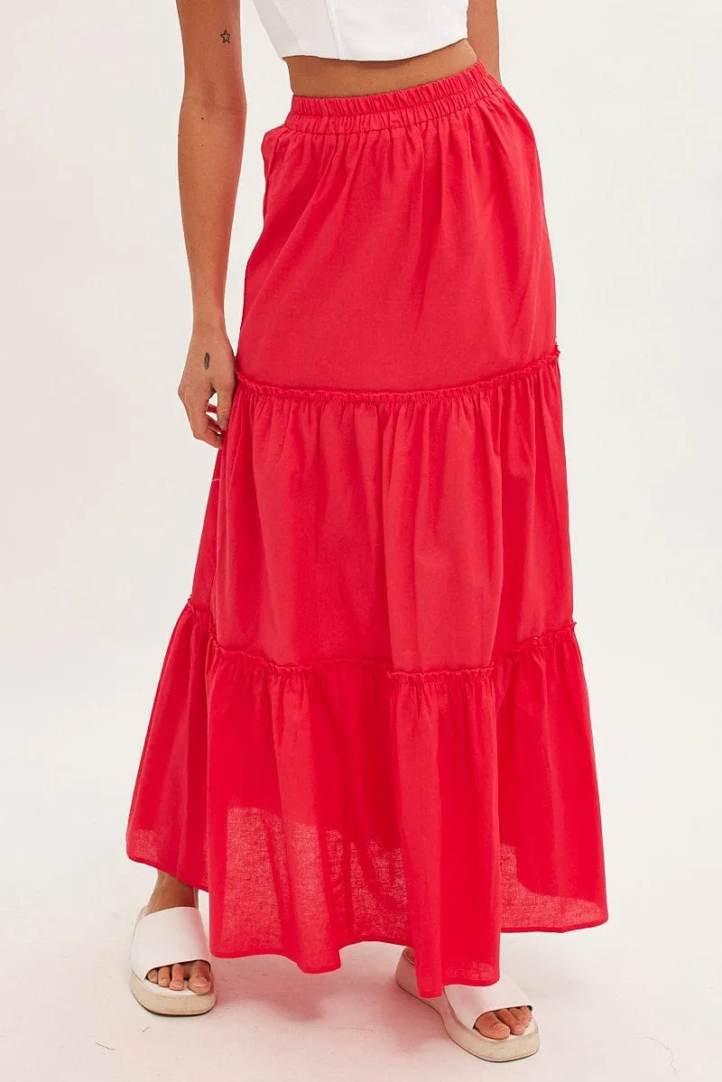 Soft Vibe Red Maxi Skirt Tiered