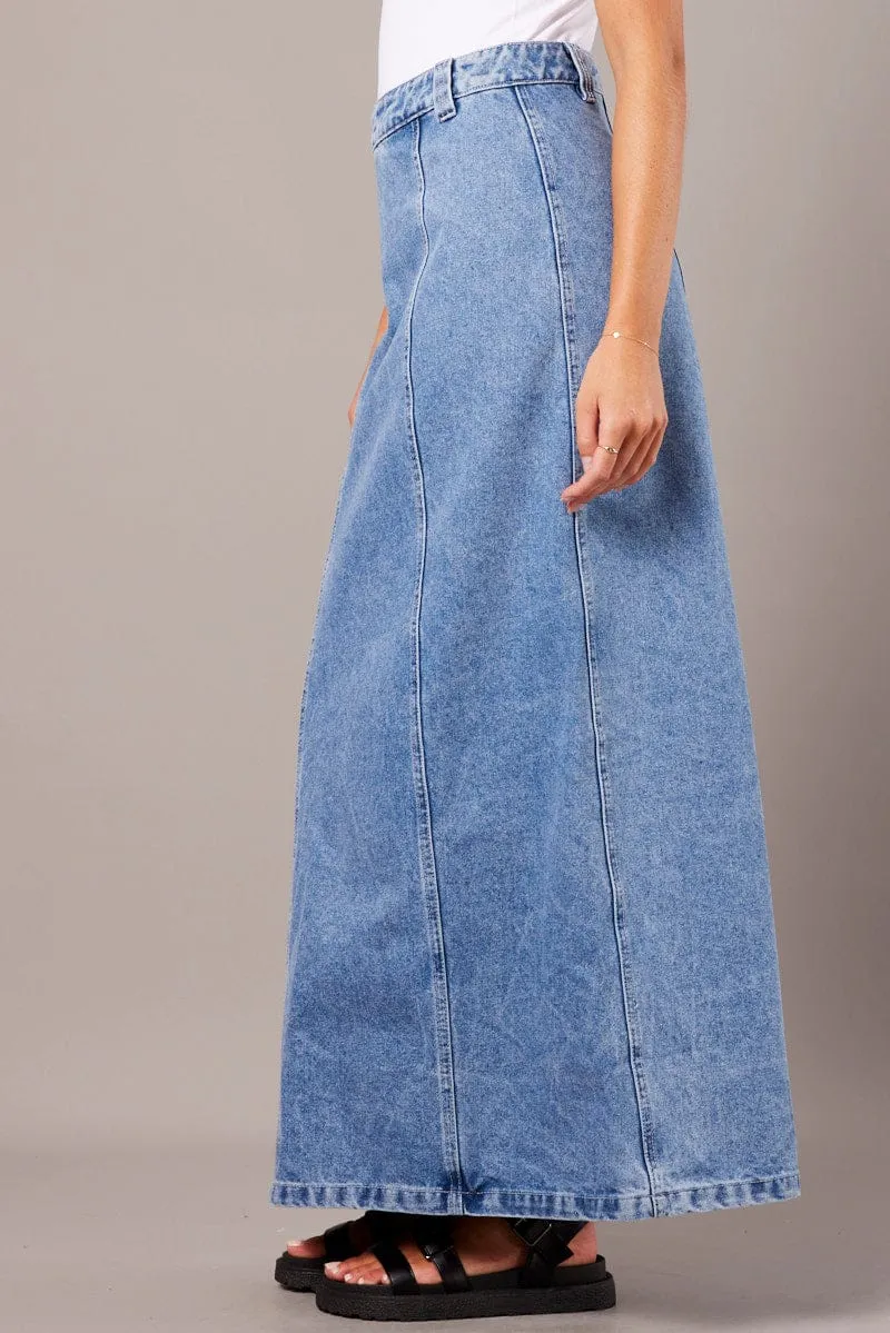 Layered Design Denim Maxi Skirt High Rise