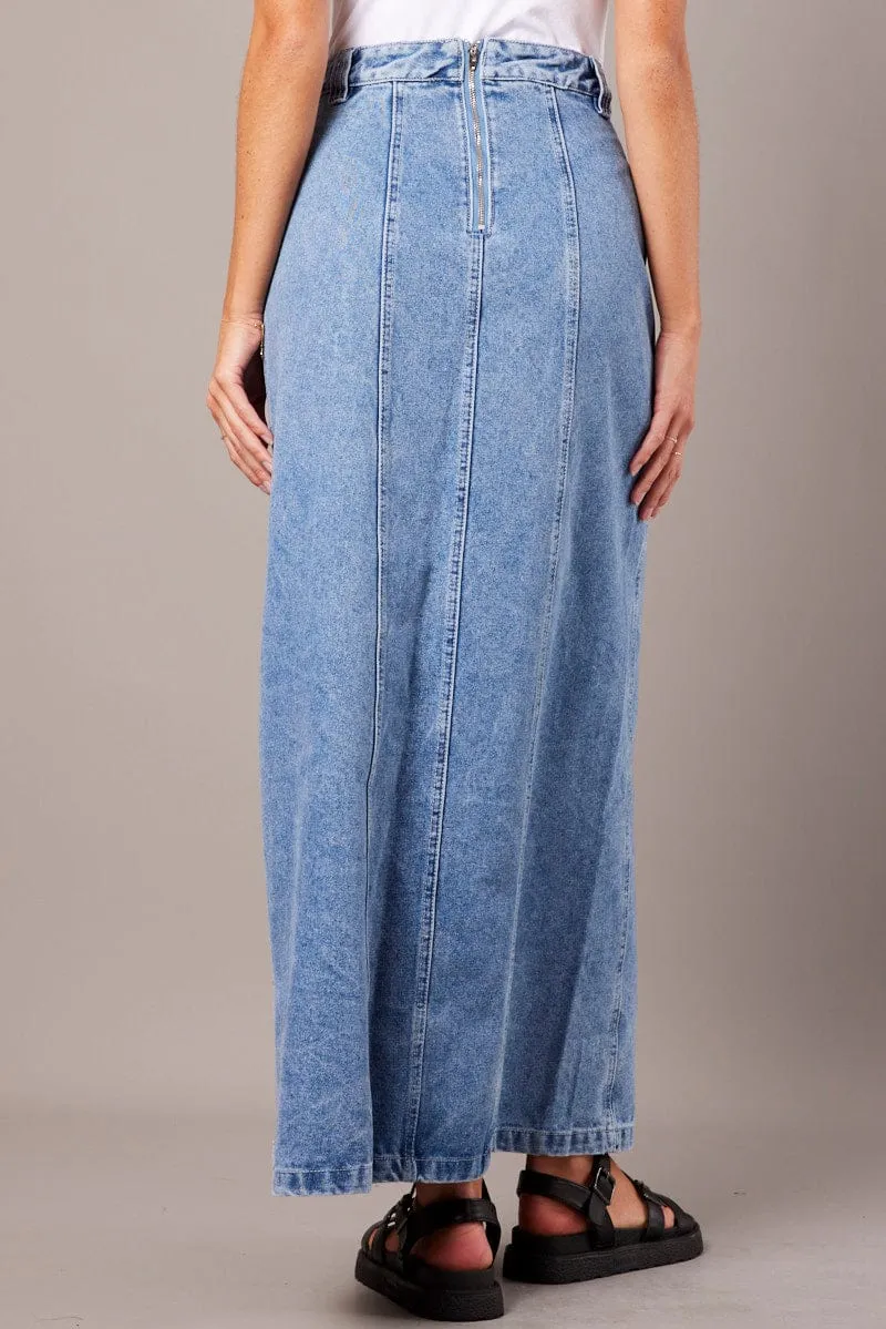 Contrast Stitching Weekend Outfit Denim Maxi Skirt High Rise