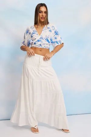 Cool Details White Maxi Skirt Tiered High Rise Linen Blend