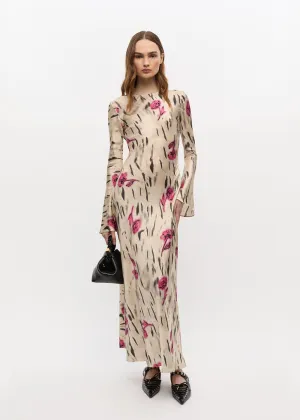 Printed Stretch Satin Long Sleeve Maxi Dress Wild Air