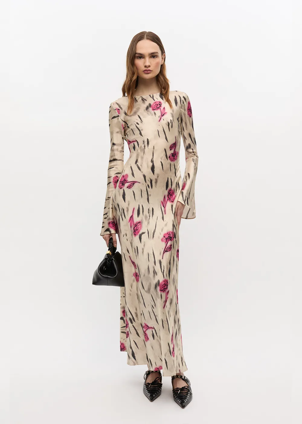Printed Stretch Satin Long Sleeve Maxi Dress Wild Air