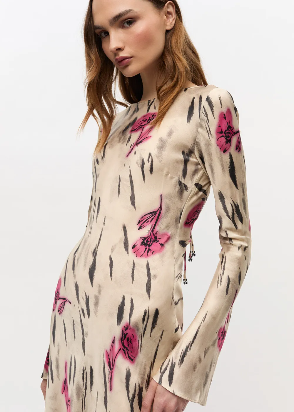 color block Desert Path Printed Stretch Satin Long Sleeve Maxi Dress