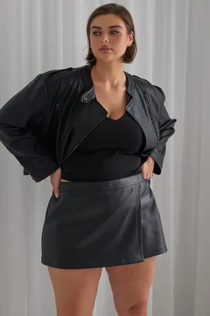 Black Faux Leather Mini Skorts Earth Tones