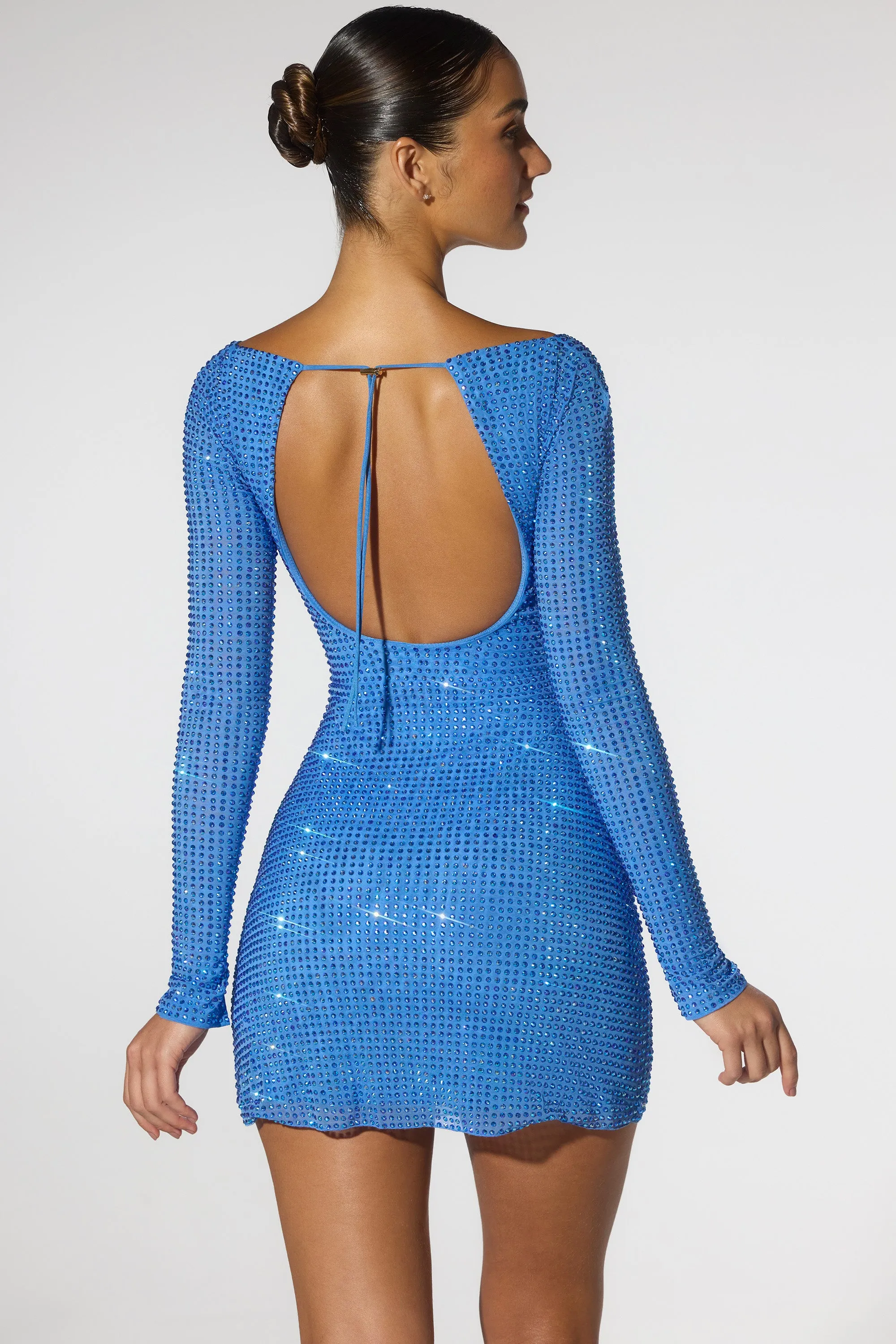Classic cute short dress Embellished Corset Open Back Long Sleeve Mini Dress in Cobalt Blue