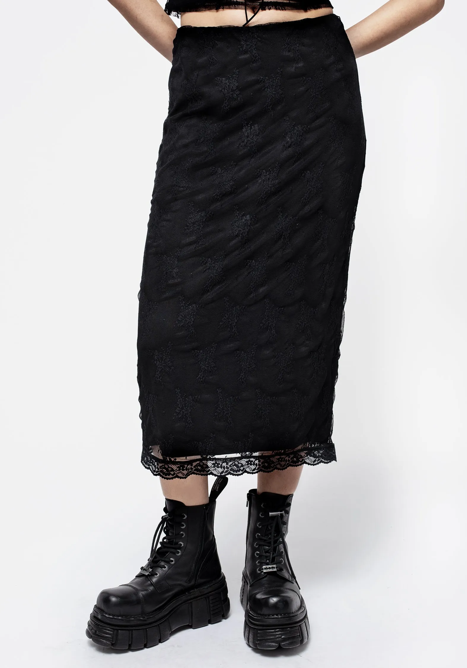 Linen Cotton Mix Hailey Stretch Lace Midi Skirt