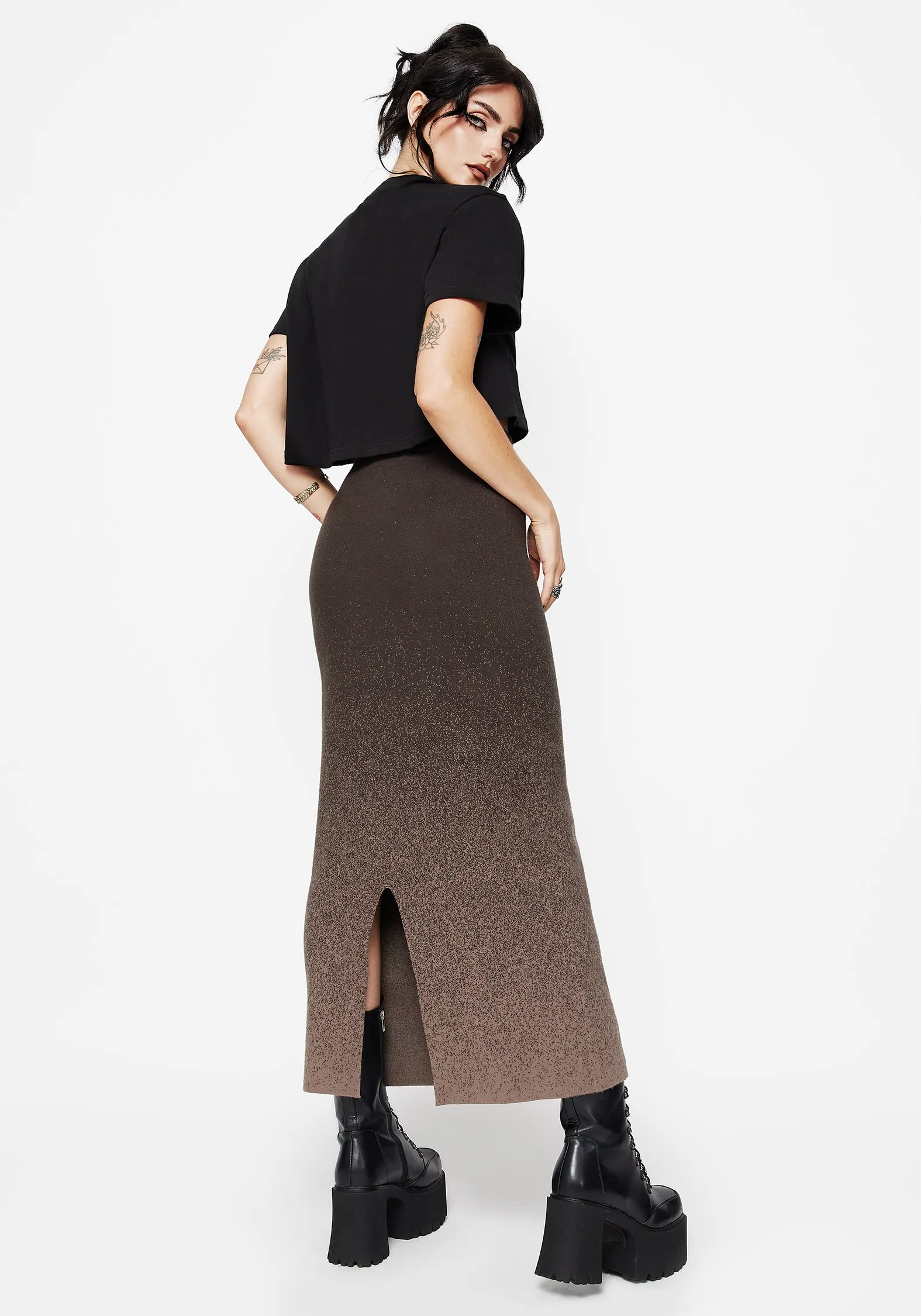 Breathable Lining Elegant Texture Nightjar Ombre Knit Maxi Skirt - Taupe