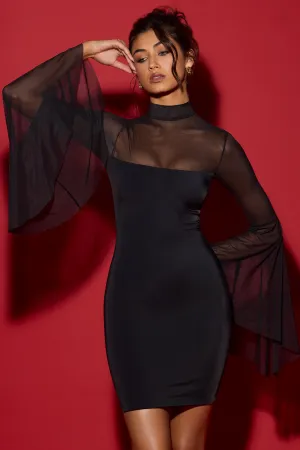 Waterfall-Sleeve Mini Dress in Black Scene Cool