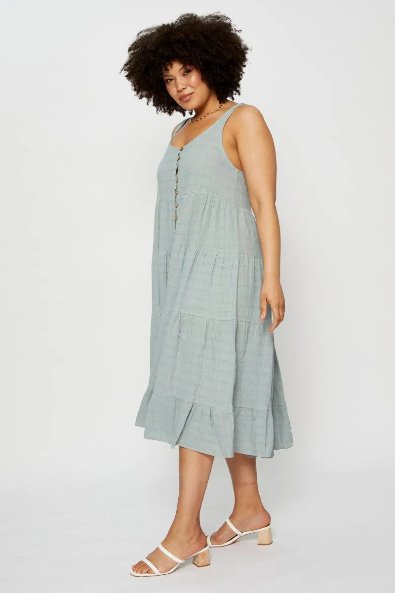 Bold pattern maxi Grace Flow Green Midi Dress Square Neck Sleeveless Button