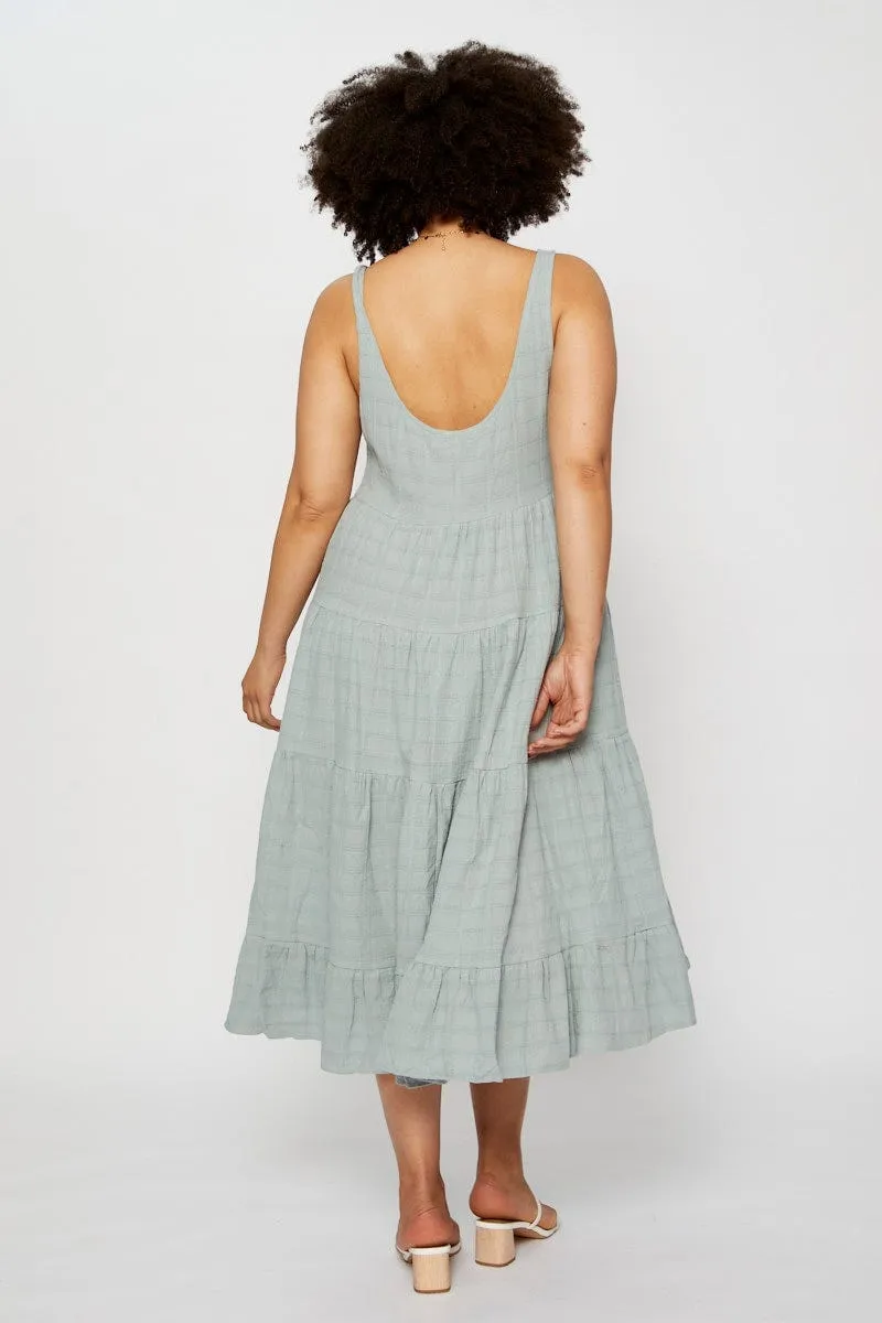 Gray Mist color block Green Midi Dress Square Neck Sleeveless Button