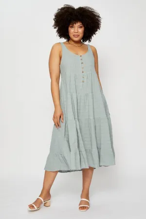Muslin Glow Town Lane Green Midi Dress Square Neck Sleeveless Button
