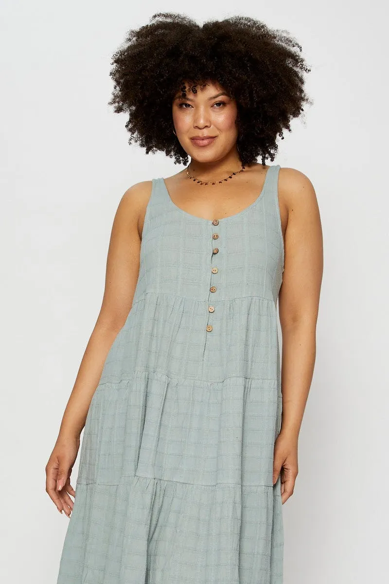 Green Midi Dress Square Neck Sleeveless Button Hemp Soft Relaxed fit formal wear
