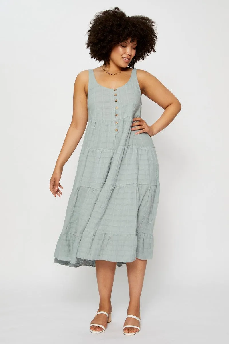 Green Midi Dress Square Neck Sleeveless Button Rail Glow