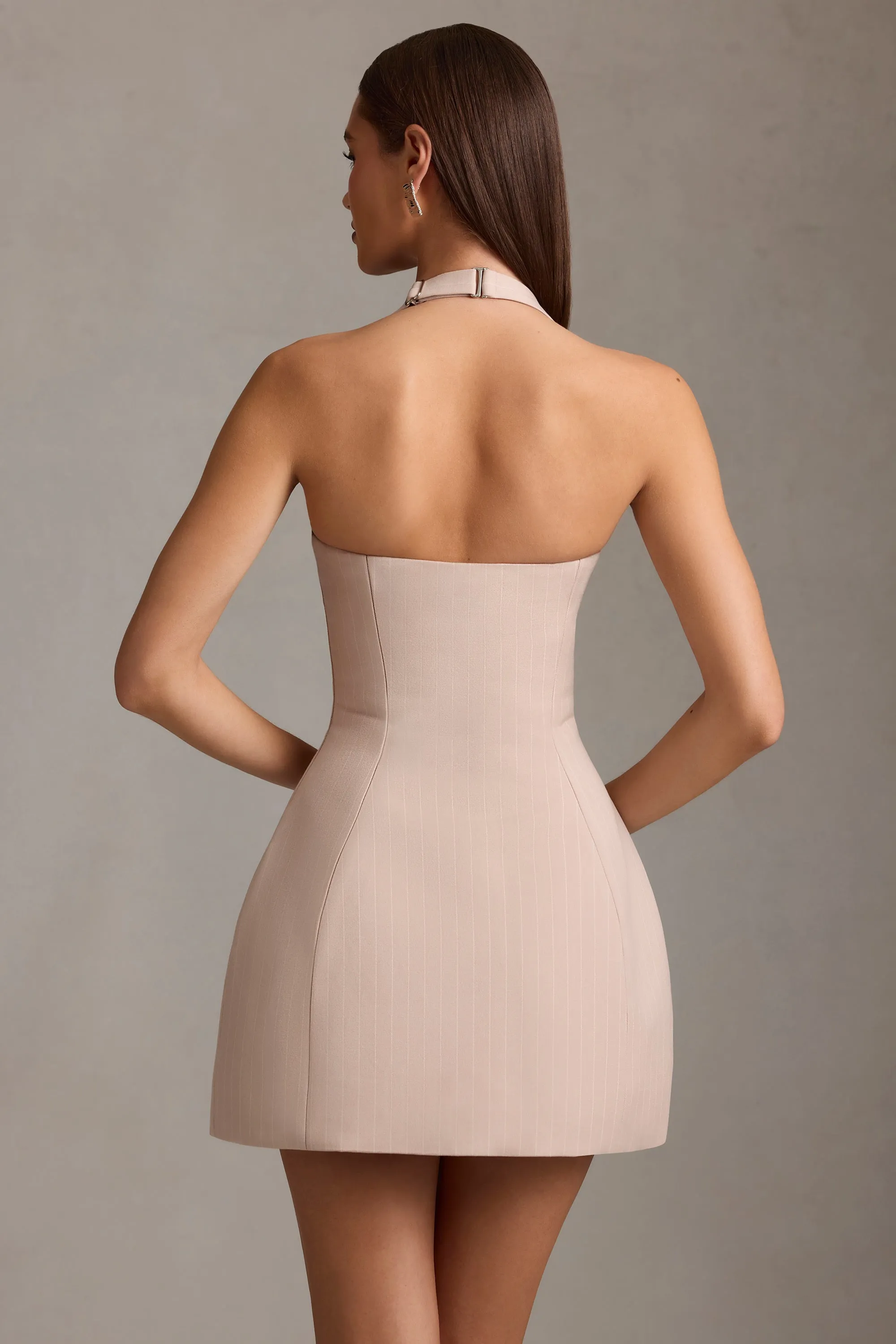 Pinstripe Halterneck Structured A-Line Mini Dress in Mushroom Versatile Look Comfort Fit