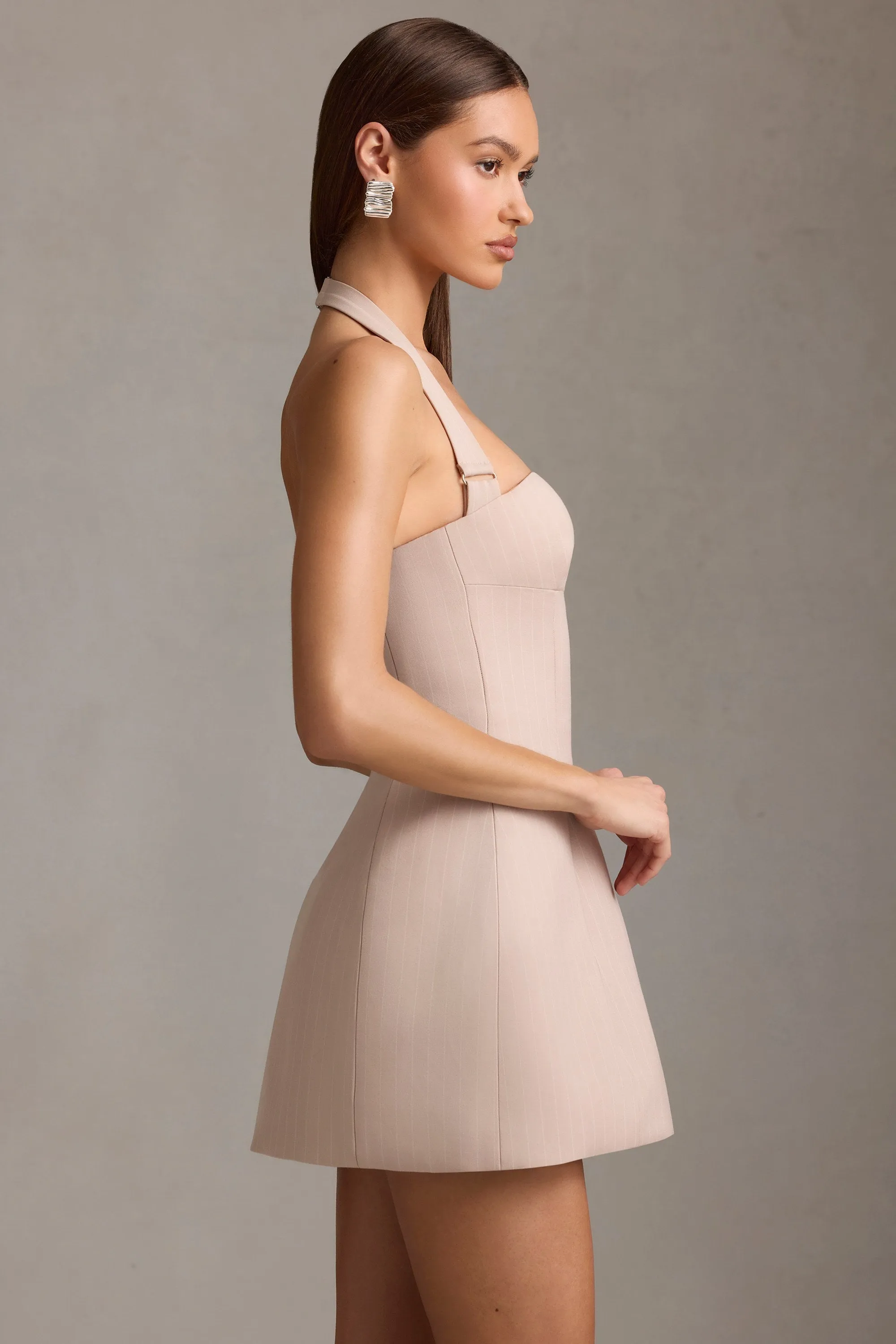 Pinstripe Halterneck Structured A-Line Mini Dress in Mushroom Stylish mini with ruffles Skin Feel