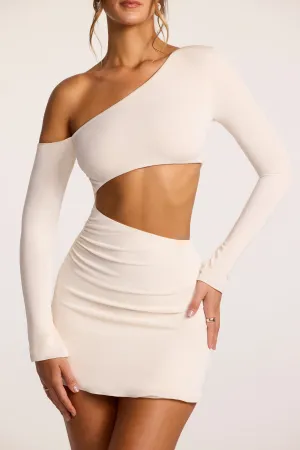Textured Jersey Asymmetric Cut Out Mini Dress in Ivory City Shine Trendy Vibe