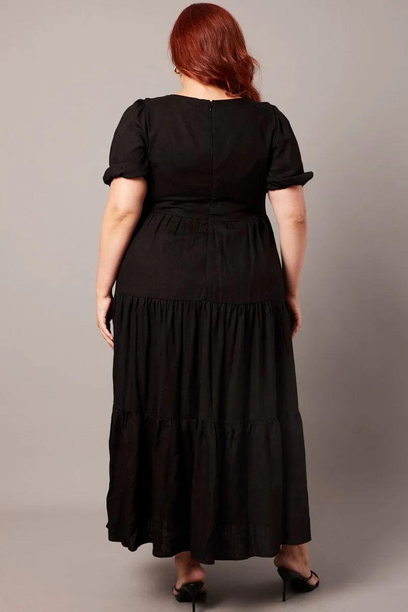 Romantic resort wear Ruby Pop Black Scoop Neck Linen Maxidress With Pockets