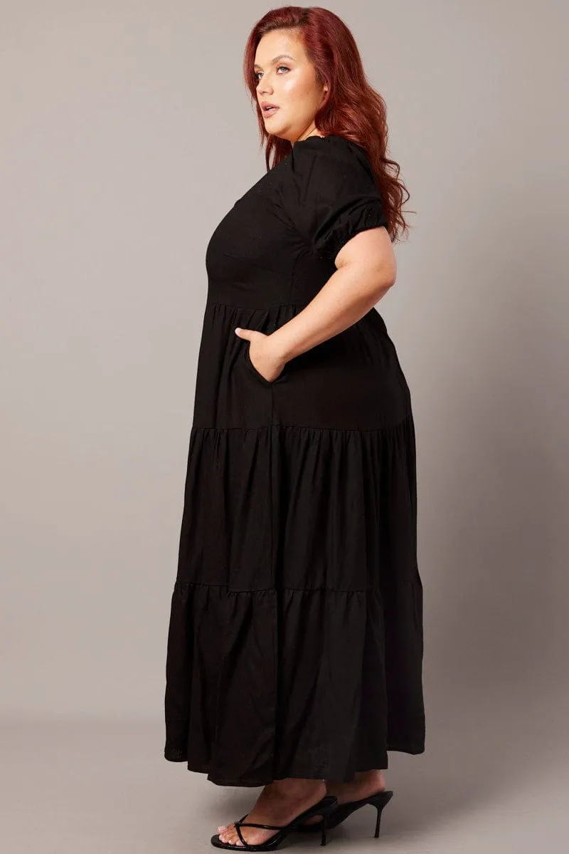 Black Scoop Neck Linen Maxidress With Pockets Off Shoulder