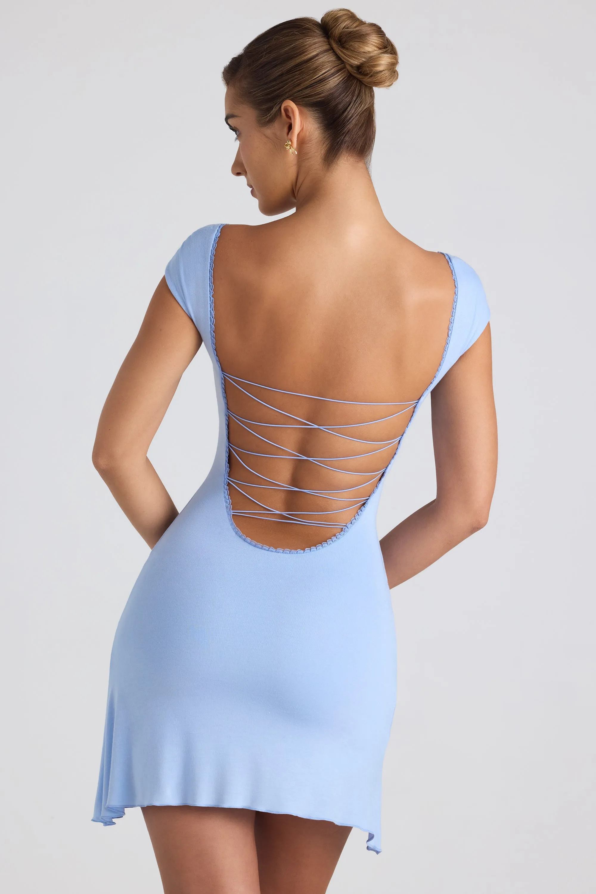 Soft Brushed Interior Skin Tint Modal Asymmetric Lace-Up A-Line Mini Dress in Sky Blue