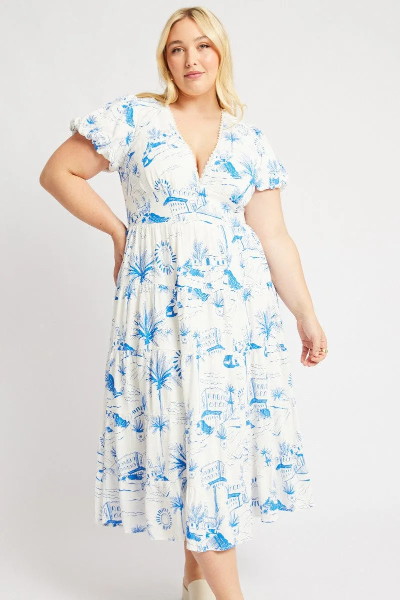 Blue Abstract Maxi Dress Short Sleeve Linen Blend Starlight Sky Orchid Glow
