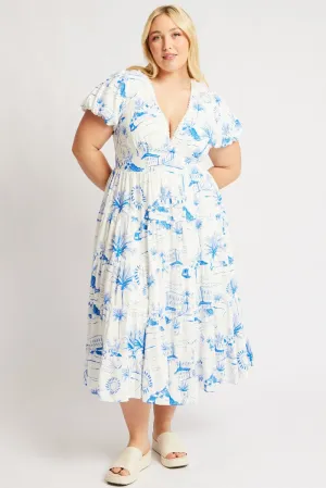 Blue Abstract Maxi Dress Short Sleeve Linen Blend Elegant formal affair gown Rock Shore