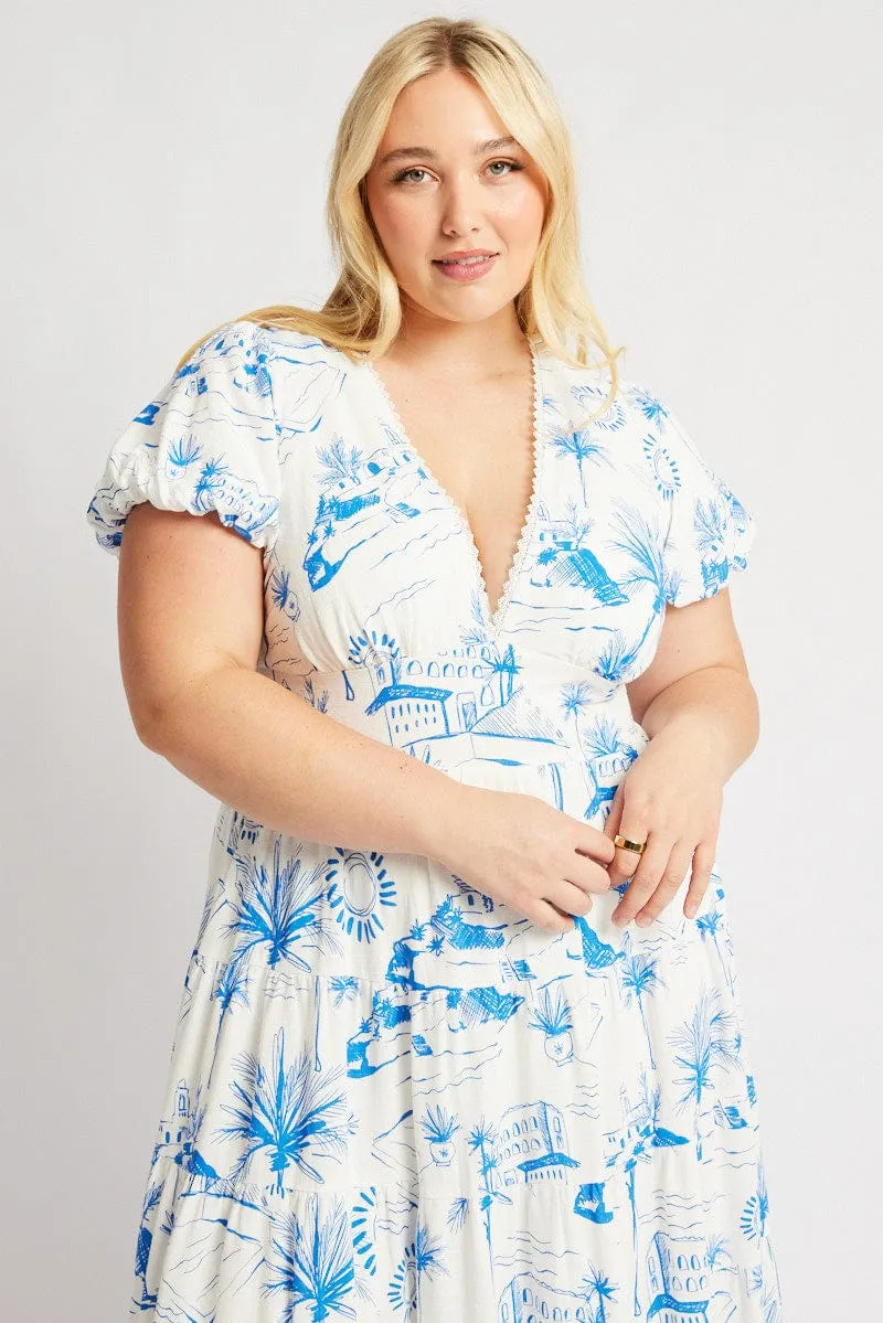 Blue Abstract Maxi Dress Short Sleeve Linen Blend Layer Art