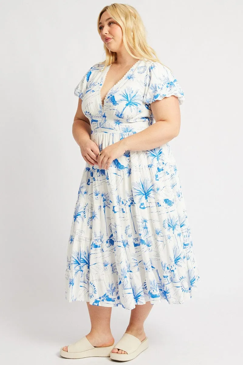 With a classic and versatile design this dress works seamlessly with any accessories you choose Blue Abstract Maxi Dress Short Sleeve Linen Blend