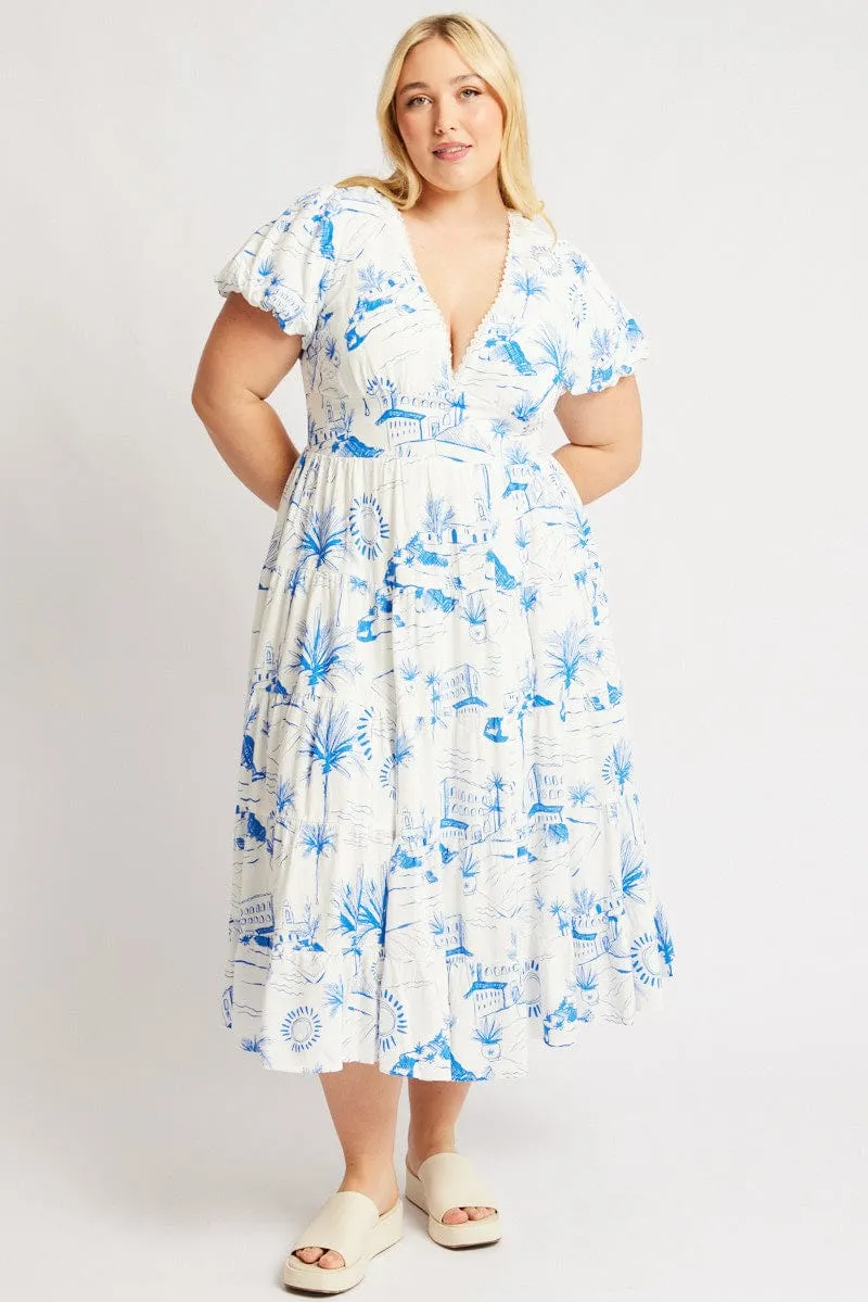 Blue Abstract Maxi Dress Short Sleeve Linen Blend Elegant formal affair gown Rock Shore