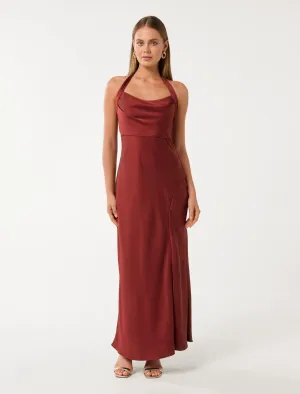 Shimmer Sky Greek Touch Alice Halter Satin Maxi Dress