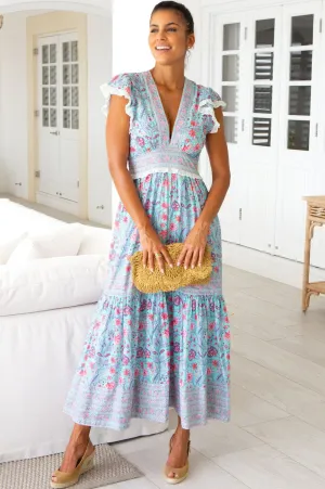 Graceful full-length gown Pippa Block Print Dress | Gardenia Blue/Red