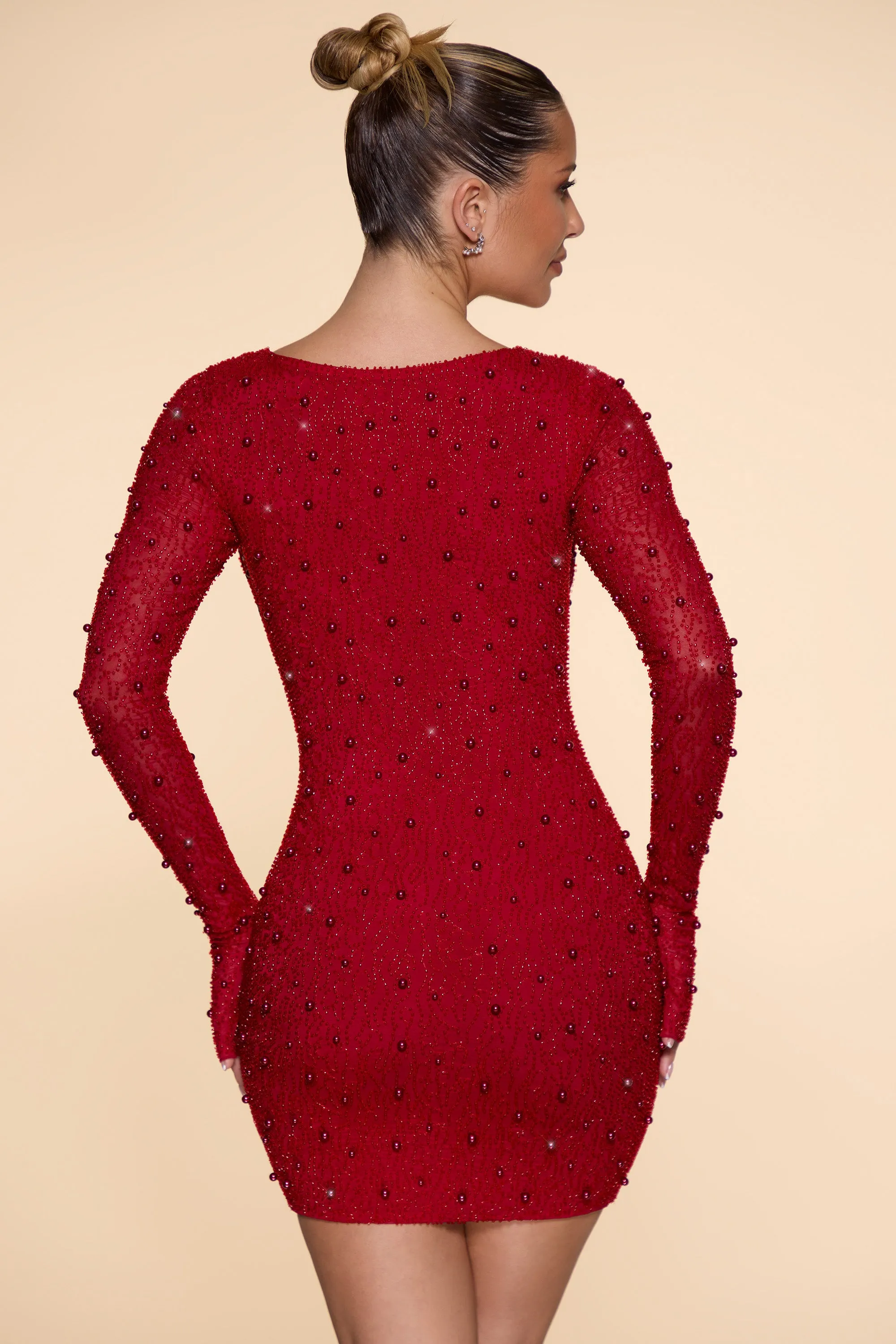 Fishtail Hem Finish Long Sleeve Deep Plunge Mini Dress in Red