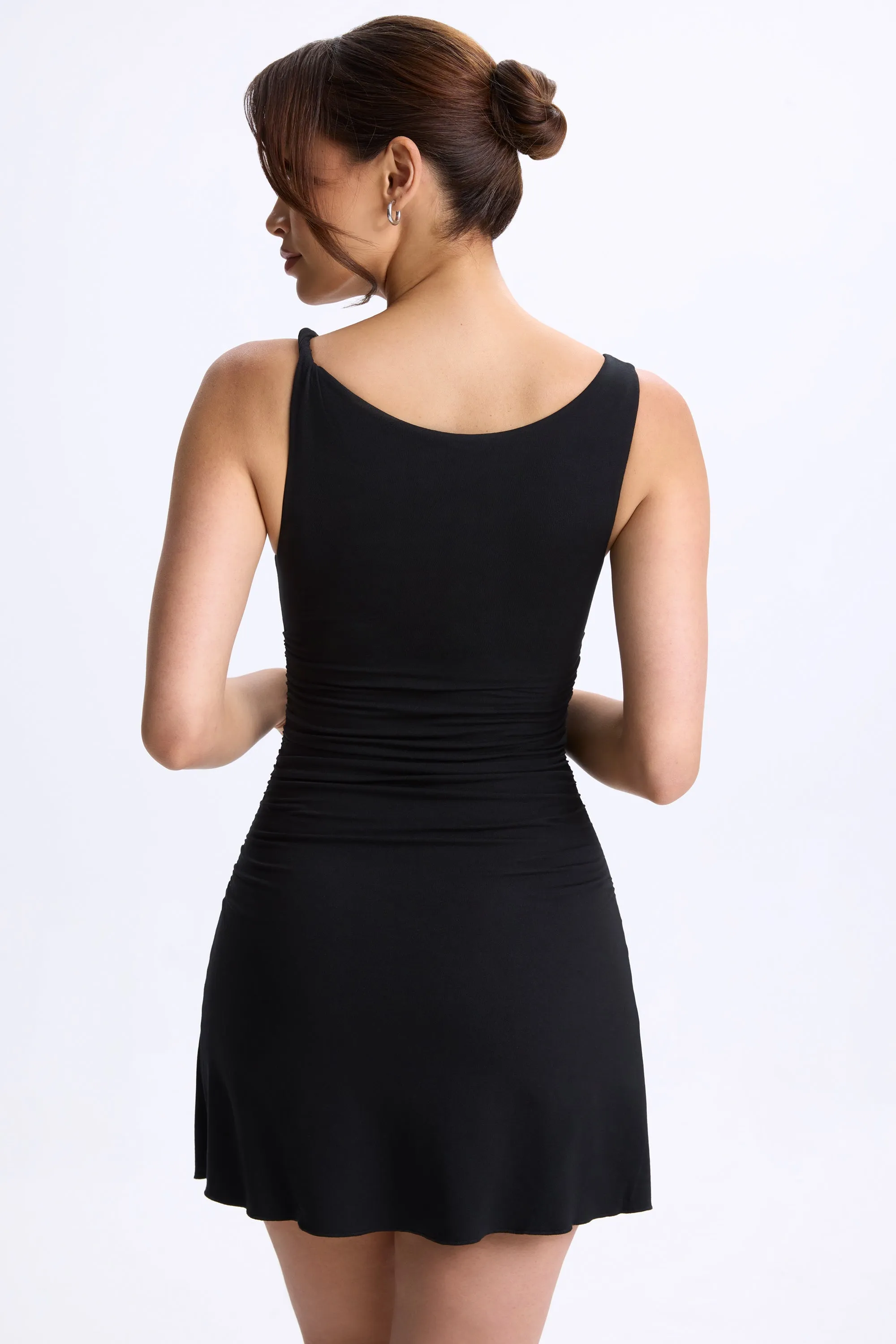 Ruched A-Line Micro Mini Dress in Black Casual Comfort