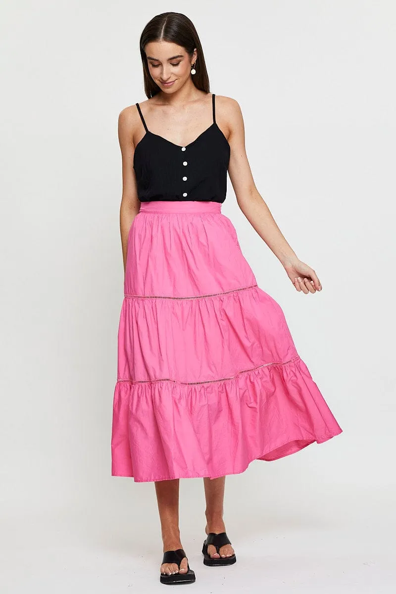 Pink Maxi Skirt High Rise Tiered Cotton Pull On Style