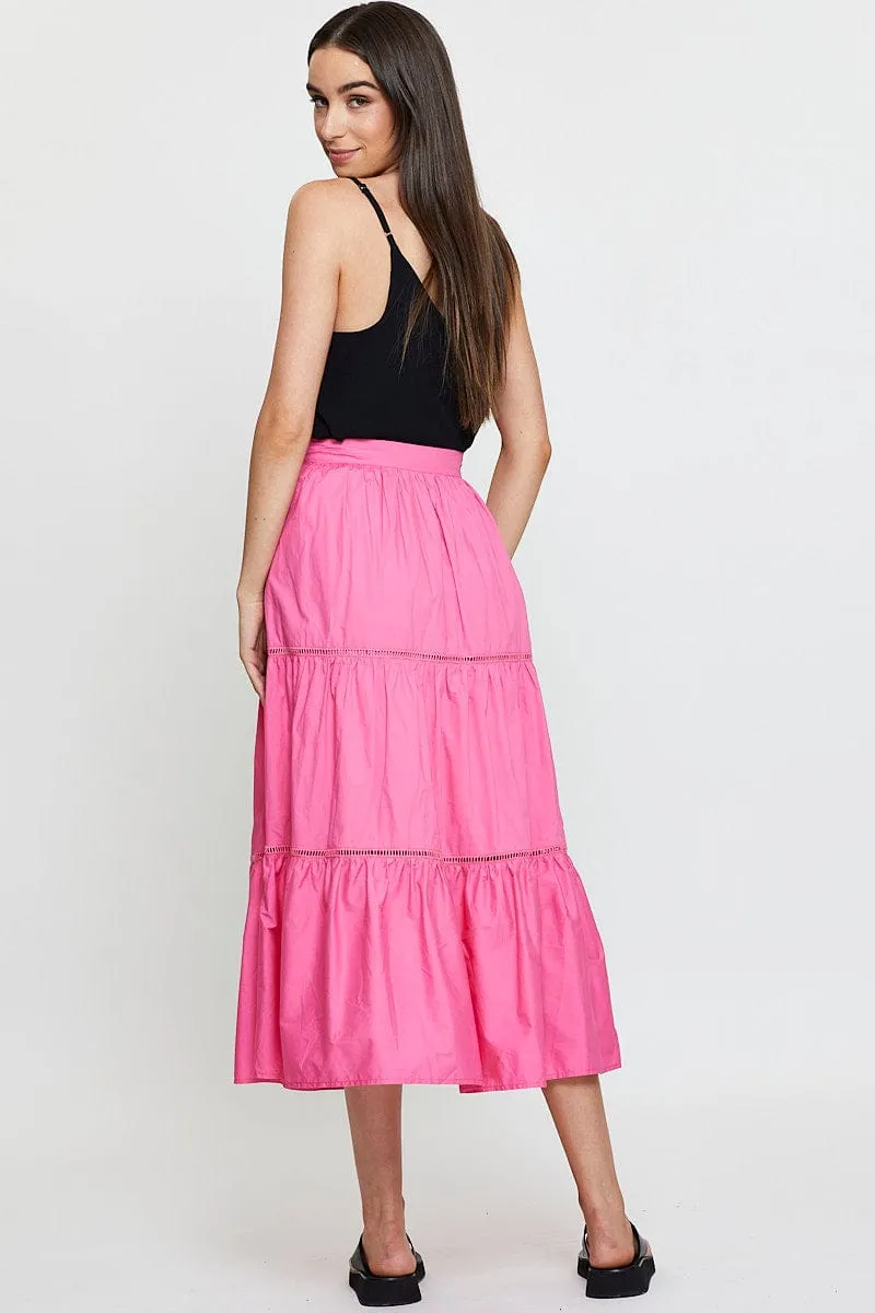Pink Maxi Skirt High Rise Tiered Cotton Simple looks