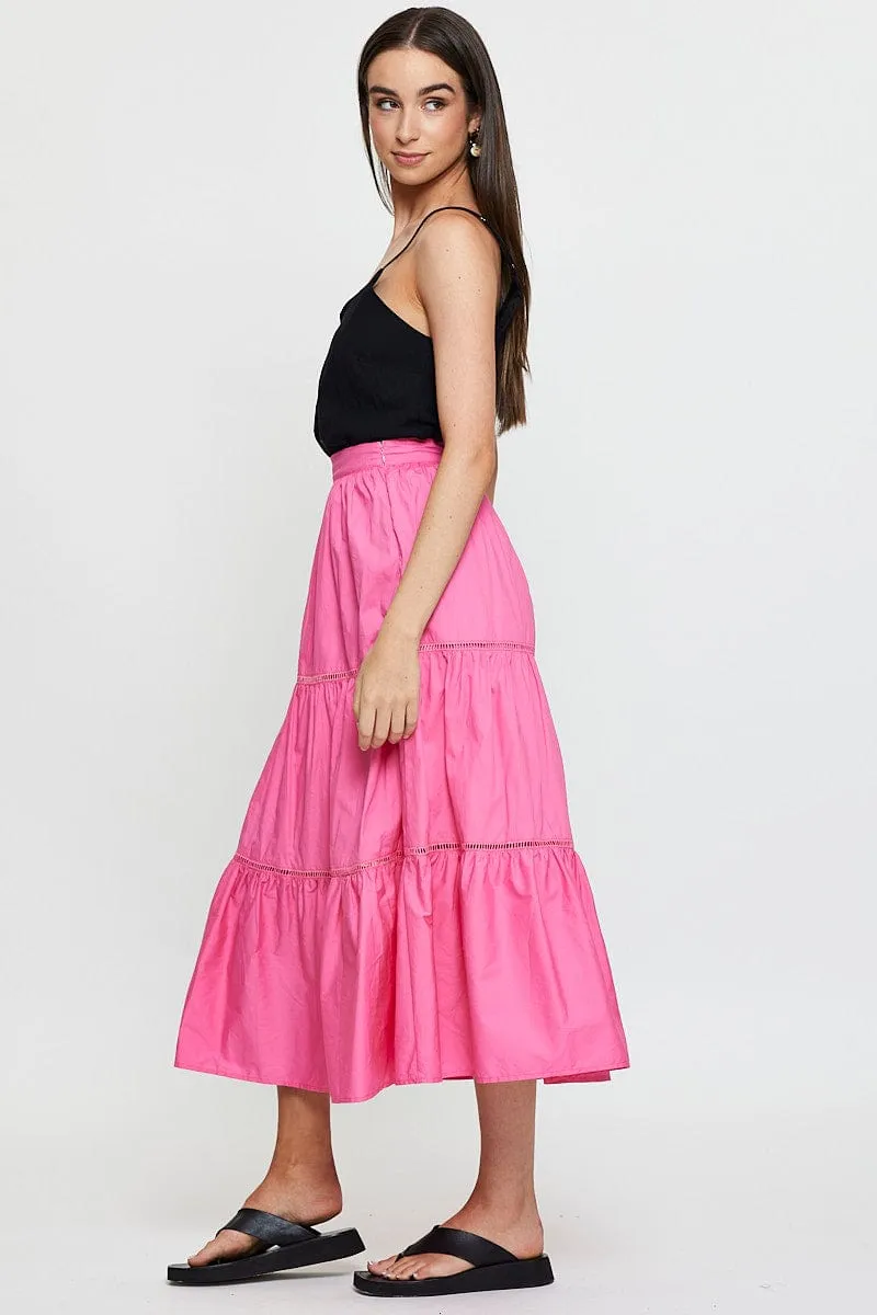Pink Maxi Skirt High Rise Tiered Cotton Layered Hem button detail
