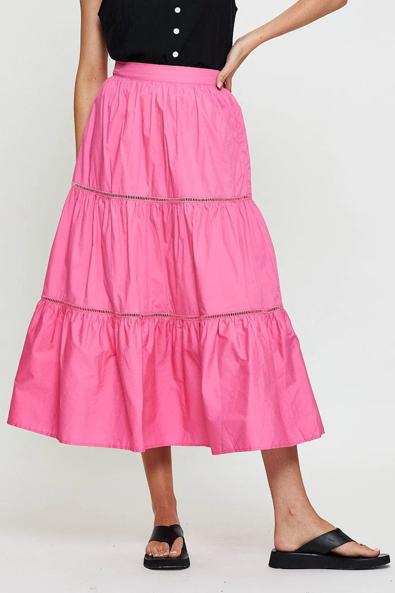 Pink Maxi Skirt High Rise Tiered Cotton Casual Comfort