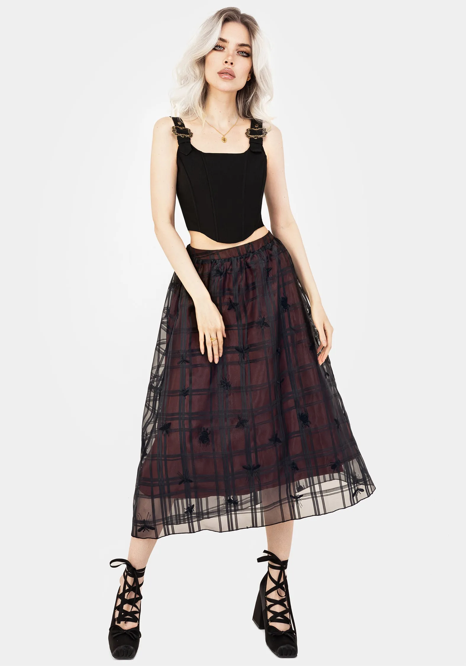 Foil Print Sedona Organza Check Embroidered Midaxi Skirt