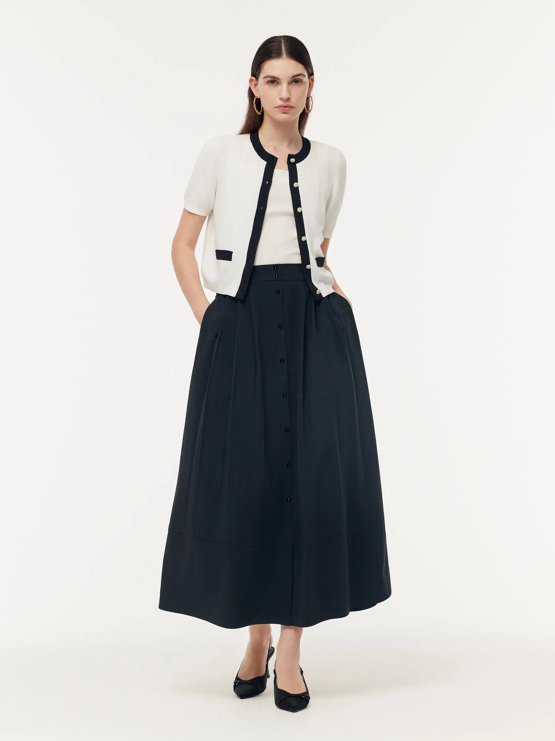 Machine wash safe A Line Elastic Waist Pleat Women Maxi Skirt