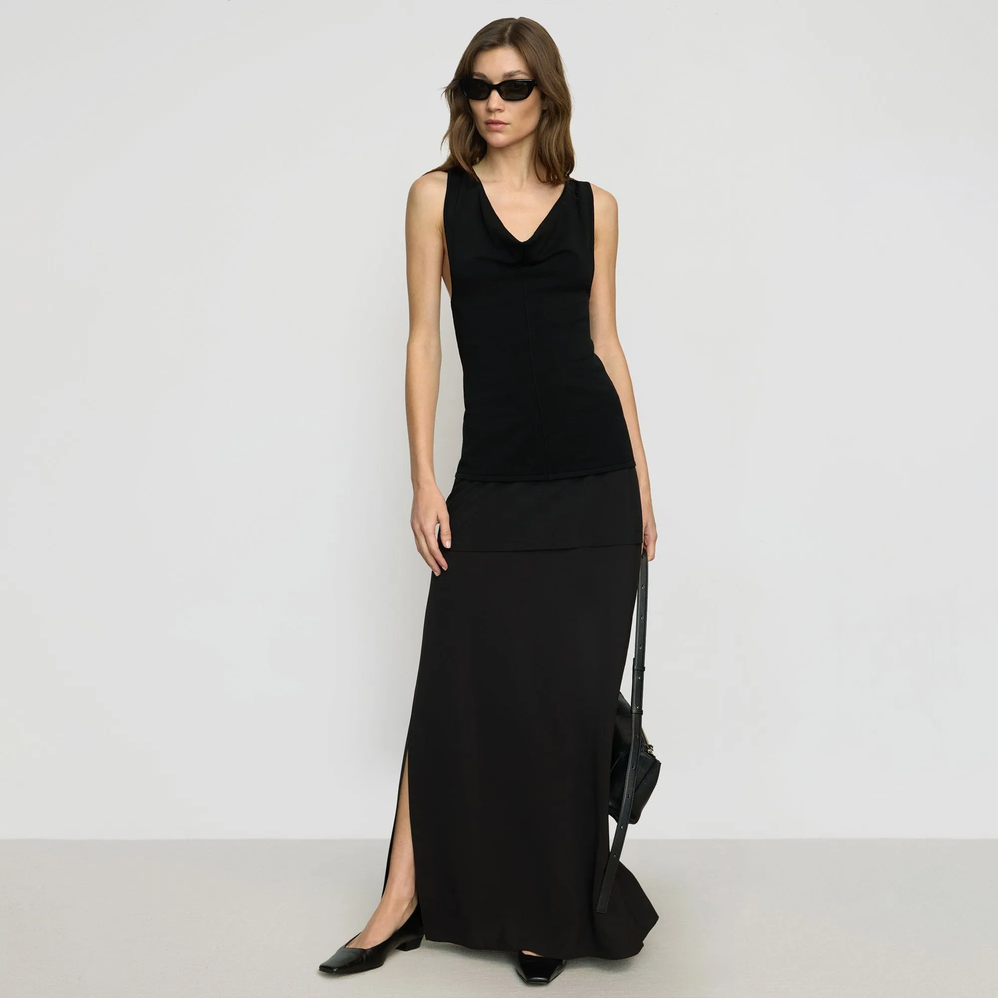 Split hem High Shine Augusta Tiered Maxi Skirt