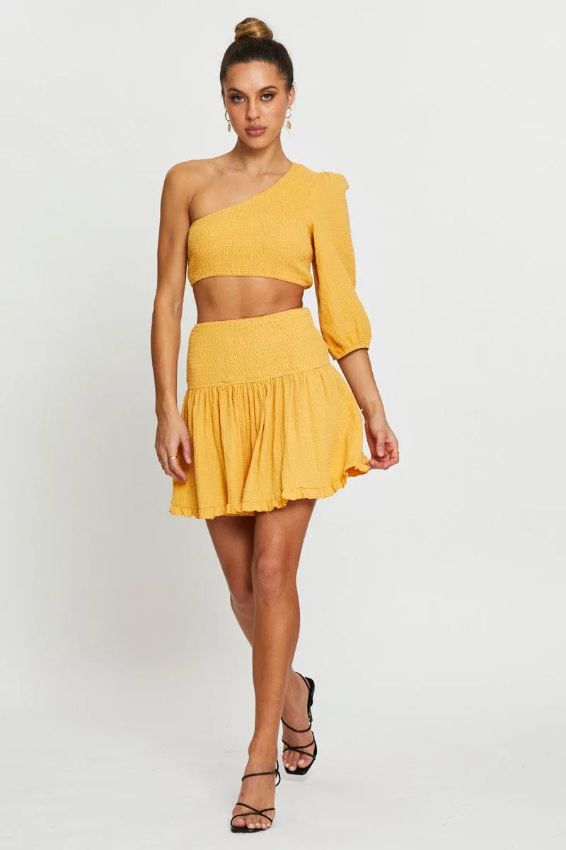 Print Mix Yellow Shirred Skater Skirt