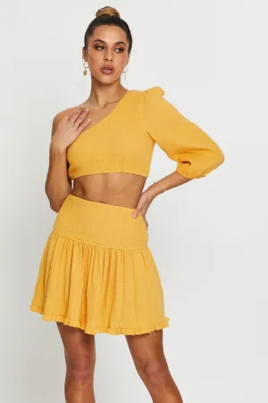 Yellow Shirred Skater Skirt Thermoregulating Fabric Fashion Combo