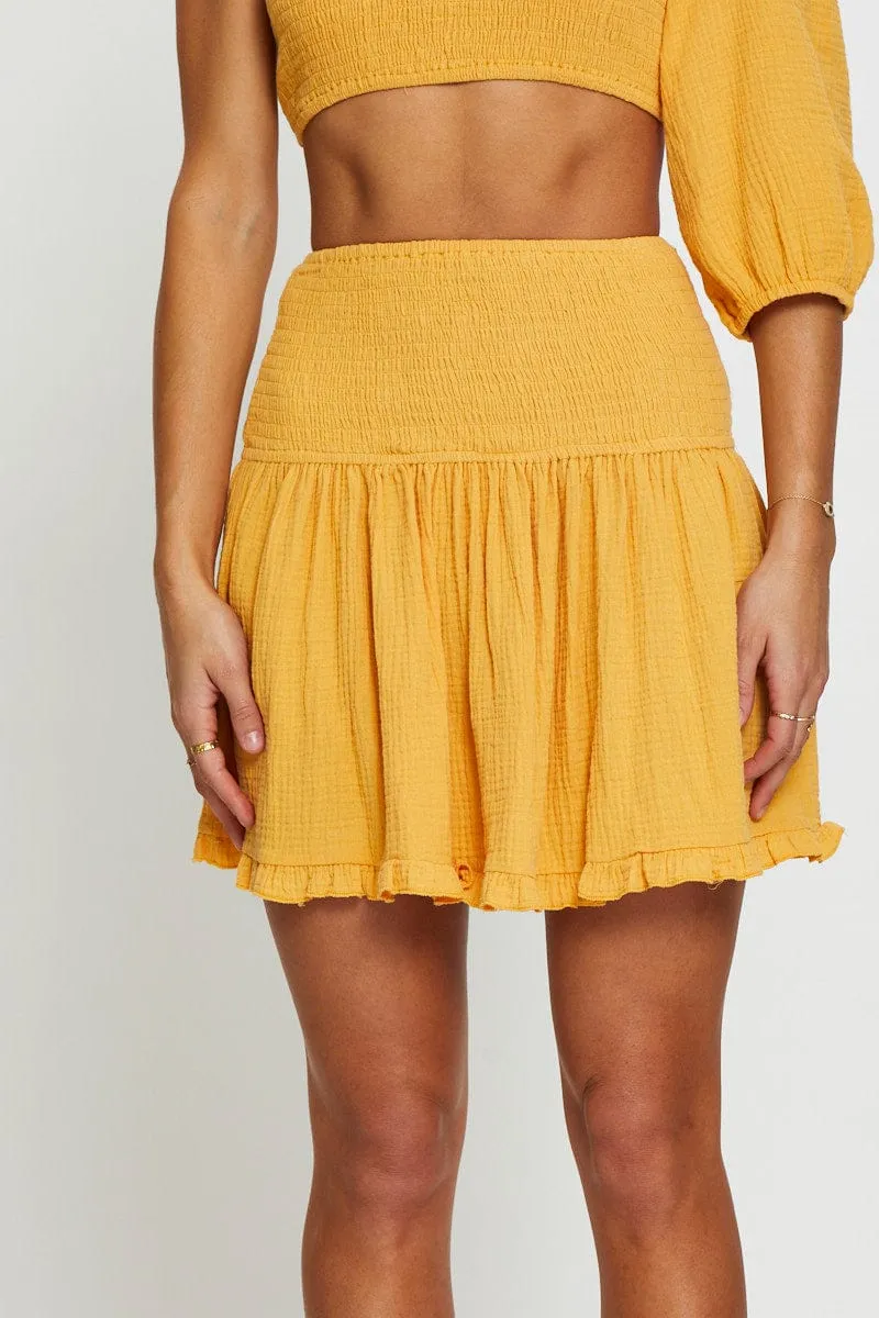 Non Irritating Texture Yellow Shirred Skater Skirt