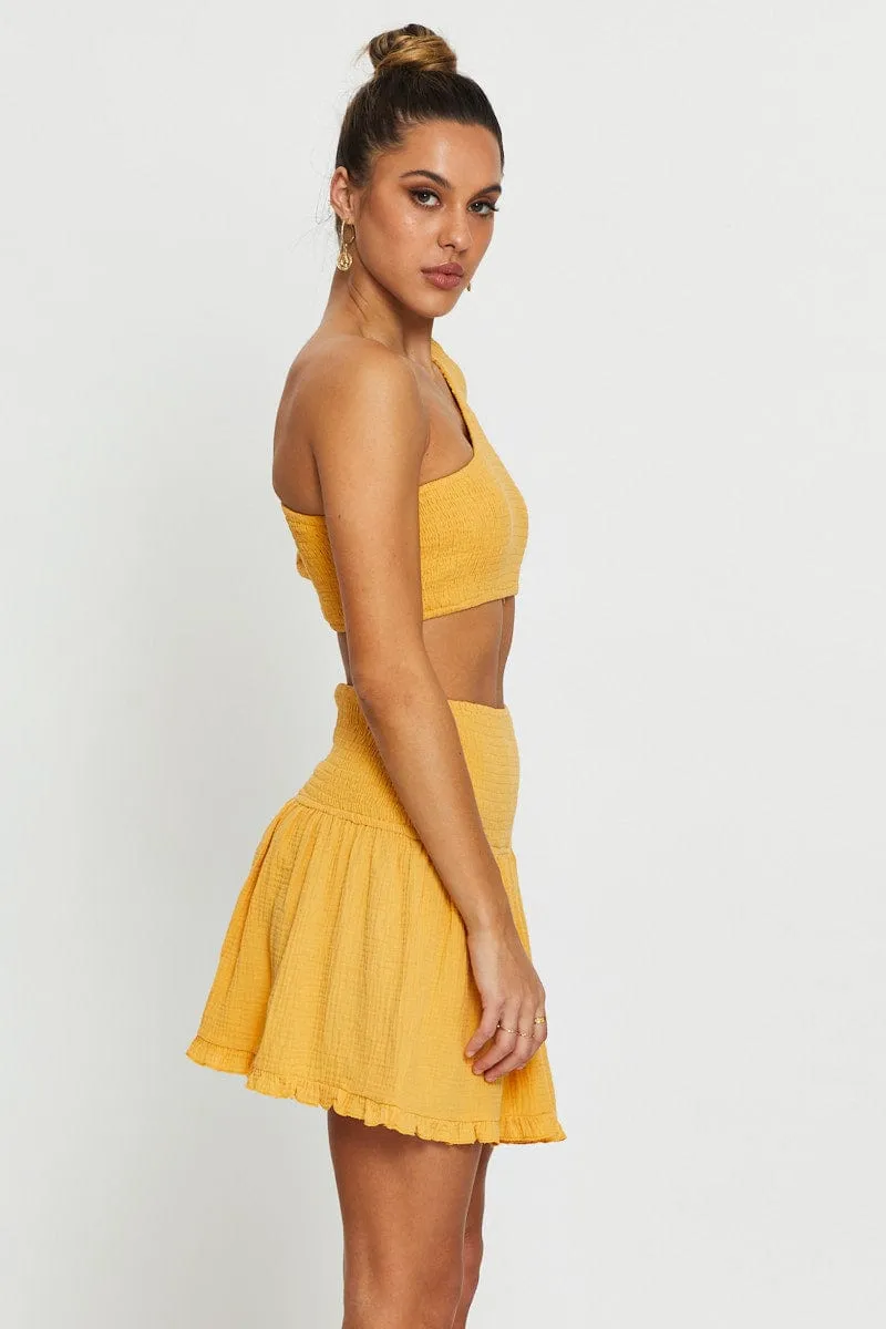 Weekend Ready Yellow Shirred Skater Skirt