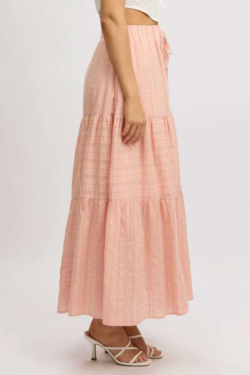 Flexible Material Soft Layers Orange Tiered Maxi Skirt High Rise Elastic Waist Lined