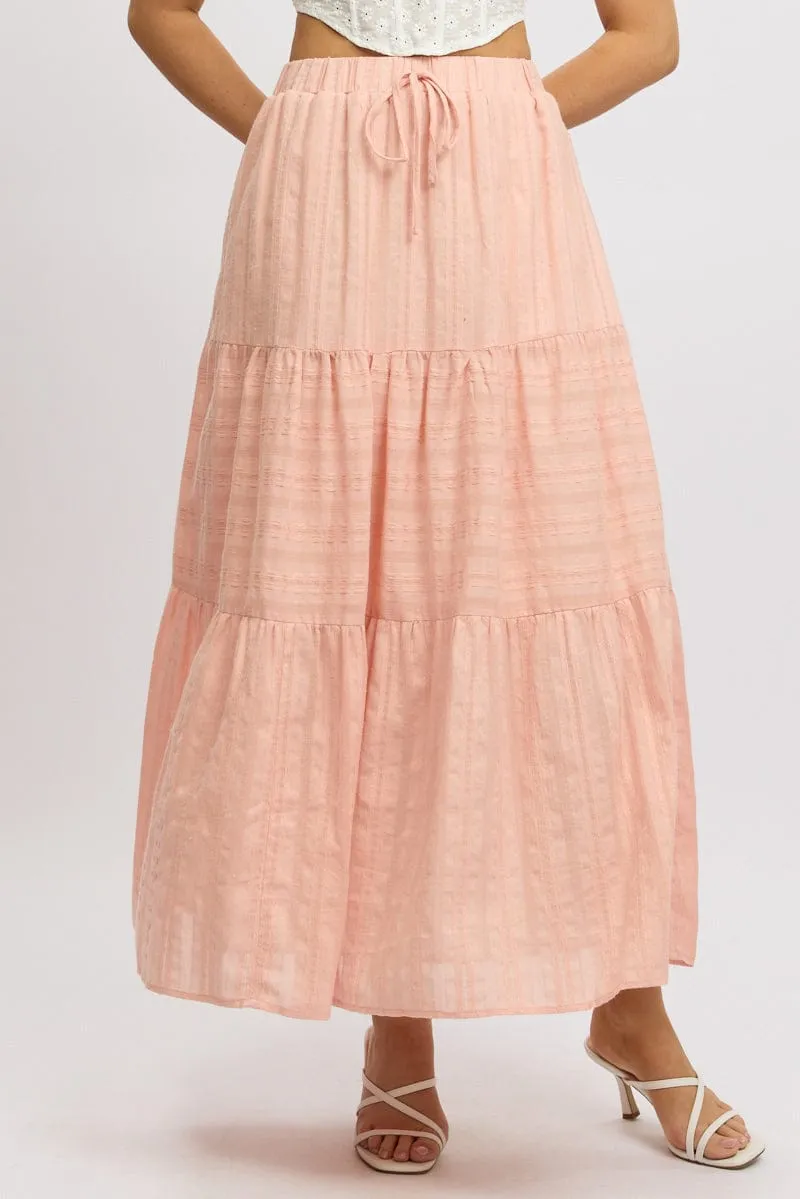 Back Slit Orange Tiered Maxi Skirt High Rise Elastic Waist Lined